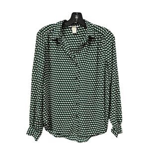 H&M Button Up Blouse Womens Size 2 Green Black Geometric Print Long Sleeve Flowy